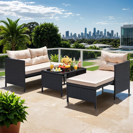 Devoko Outdoor Patio Furniture 3-Piece Rattan Waterproof Outdoor Sectional Sofa All-Weather L Shaped Patio Couch with Cushion Glass Table for Balcony, Garden (Beige) Devoko