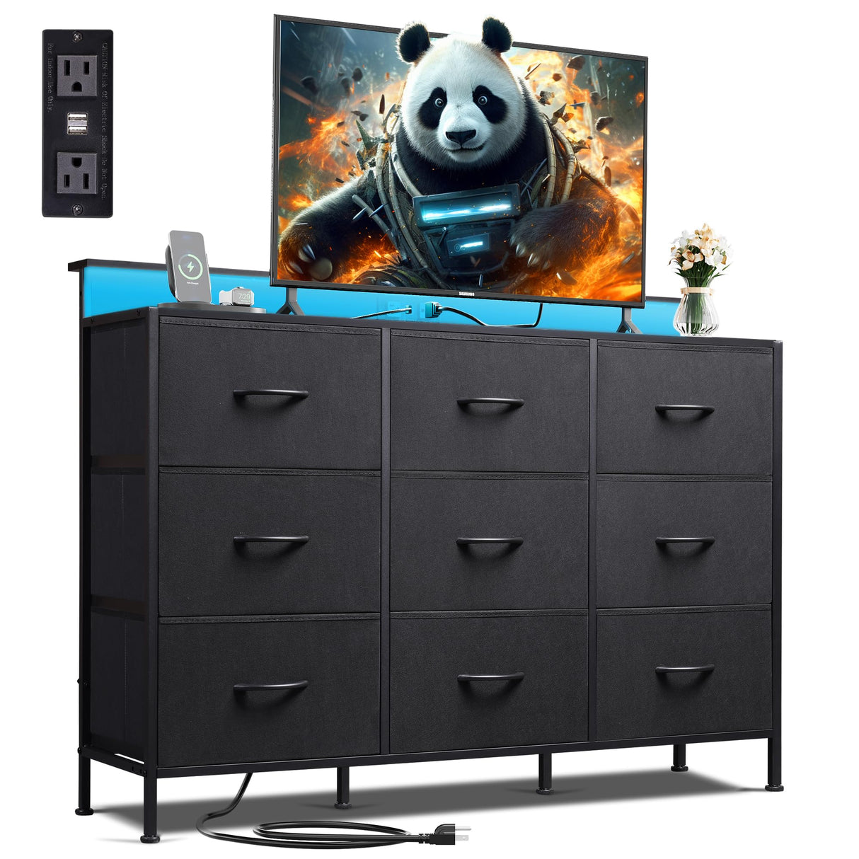 WLIVE Black Dresser TV Stand for 50, 55 inch, Led Dresser for Bedroom, Chest of Drawers with LED Lights, Charging Station, Clothes Storage with 9 Drawers, Wood Top, Living Room, Closet WLIVE