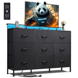 WLIVE Black Dresser TV Stand for 50, 55 inch, Led Dresser for Bedroom, Chest of Drawers with LED Lights, Charging Station, Clothes Storage with 9 Drawers, Wood Top, Living Room, Closet WLIVE