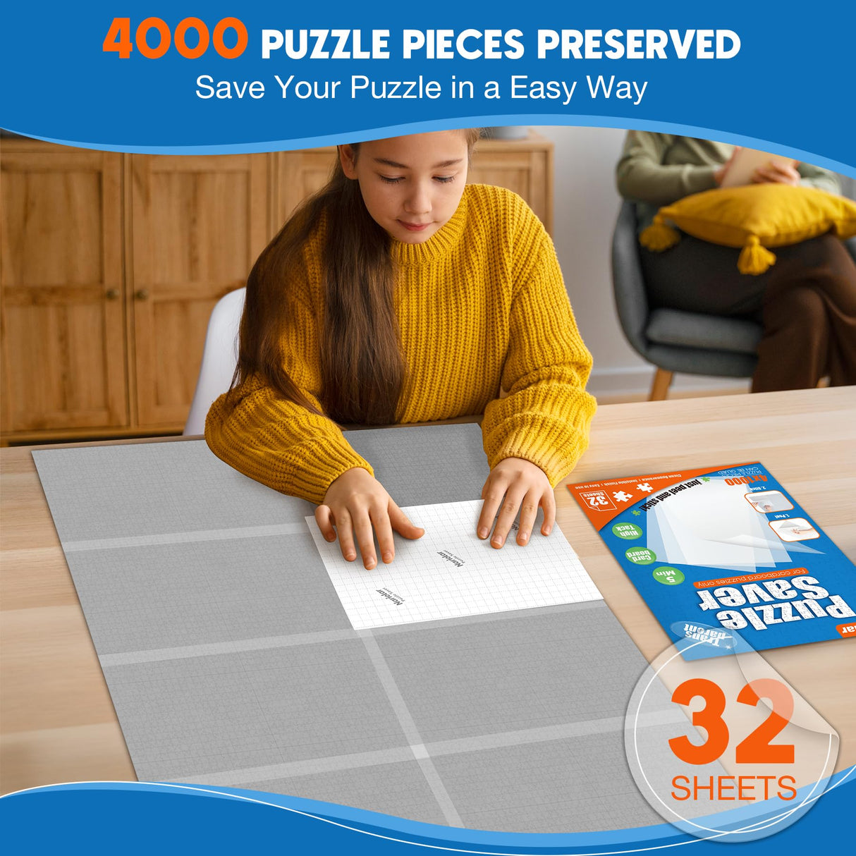 Nariolar Ultra-Adhesion Transparent Puzzle Glue Sheets, 32 Puzzle Saver Sheets for Preserving Up to 4x1000-Piece Jigsaws Nariolar