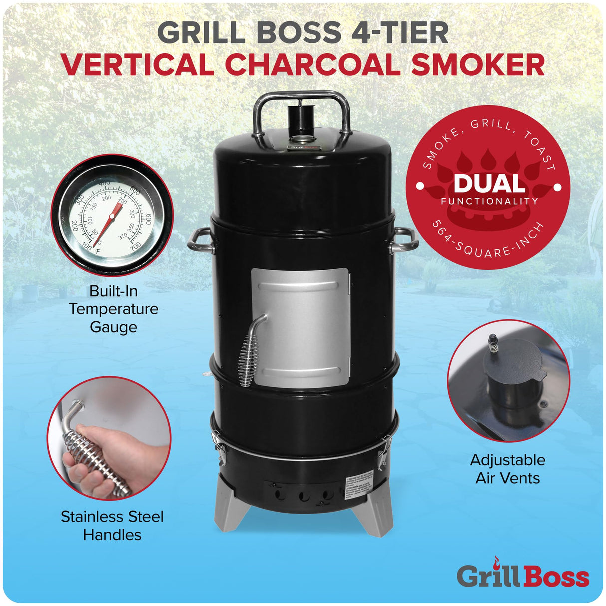 Grill Boss 4 Tier Vertical Freestanding Charcoal Smoker Portable BBQ Grill with Temperature Gauge for Outdoors, 564 Square Inch Cooking Area, Black GRILLBOSS