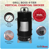 Grill Boss 4 Tier Vertical Freestanding Charcoal Smoker Portable BBQ Grill with Temperature Gauge for Outdoors, 564 Square Inch Cooking Area, Black GRILLBOSS