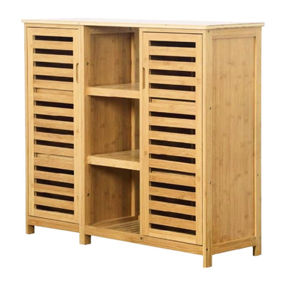 RoyalHouse Bamboo Storage Cabinet with 2 Doors and Shelves, 3-Tier Open Shelves, Free Standing Storage Organizer, Cabinet for Bathroom, Living Room, Kitchen