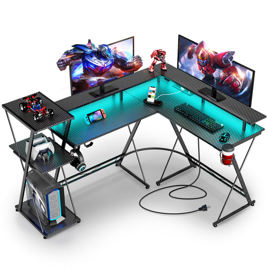 SEVEN WARRIOR L Shaped Gaming Desk with LED Lights & Power Outlets, 50” Reversible Computer Desk with Storage Shelf & Monitor Stand, Corner Desk with Cup Holder, with Headphone Hook, Black - WoodArtSupply