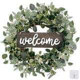 Sggvecsy Green Eucalyptus Leaf Wreath with Welcome Sign 20in Artificial Eucalyptus Wreath Spring Summer Wreath for Front Door Wall Window Farmhouse Festival Porch Patio Garden Decor Sggvecsy