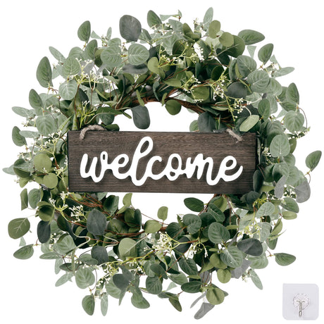 Sggvecsy Green Eucalyptus Leaf Wreath with Welcome Sign 20in Artificial Eucalyptus Wreath Spring Summer Wreath for Front Door Wall Window Farmhouse Festival Porch Patio Garden Decor Sggvecsy