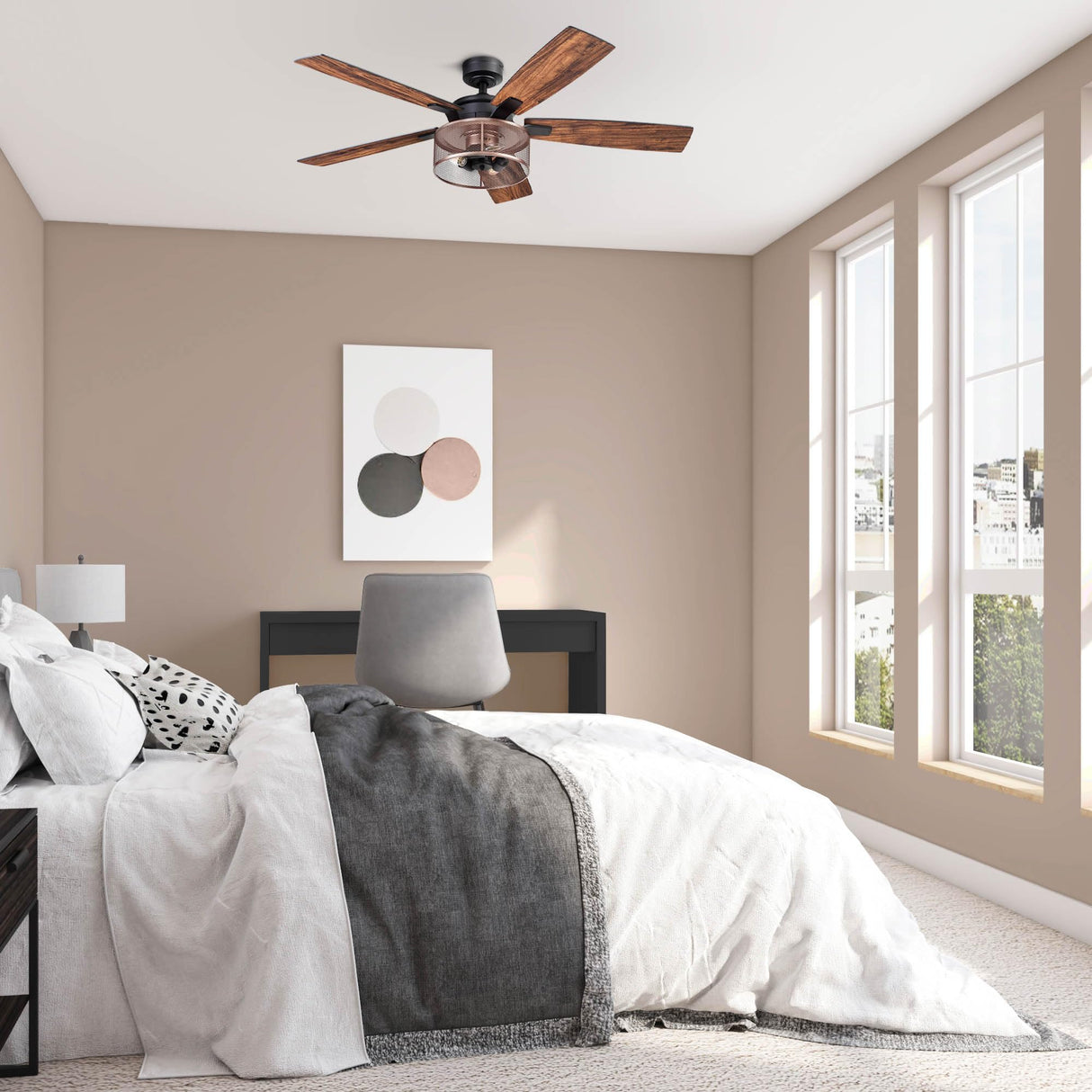 Honeywell Ceiling Fans Carnegie Industrial 52 Inch Ceiling Fan with Light, Remote Control Fan, LED Indoor Fan with 5 Blades, Black Oak and Brown Mopane Blade Finish Options, Copper (51459-01) Honeywell