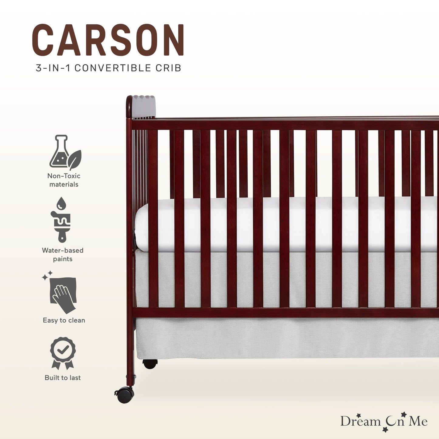 Dream On Me Carson Classic 3-In-1 Convertible Crib In Espresso, Made Of Sustainable Pinewood, Non-Toxic Finish, Comes With Locking Wheels, Wooden Nursery Furniture