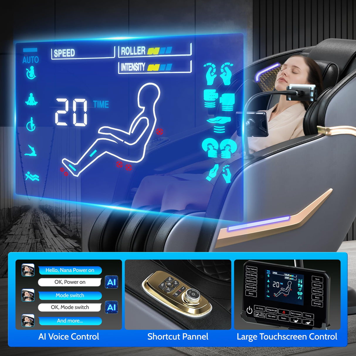 Hitree 4D Massage Chair Full Body, Zero Gravity Recliner with 57'' SL Track, Shiatsu Massage with Body Scan, Deep Yoga Stretch, Foot Rollers, Heating, Upgraded Calf, Bluetooth, Black Hitree