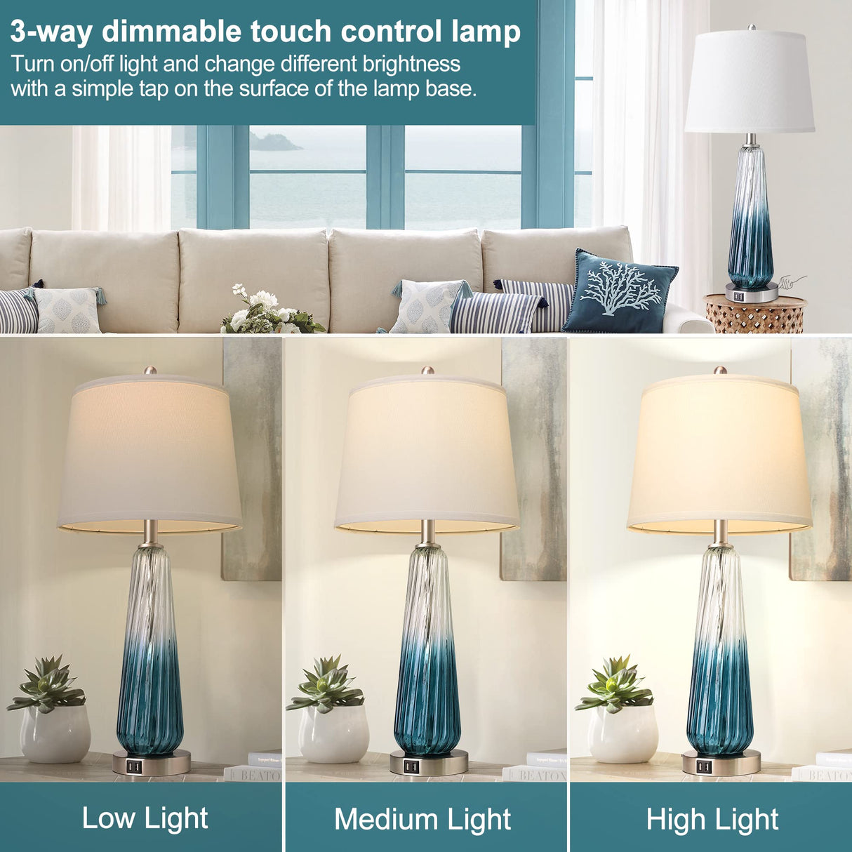 Table Lamps for Living Room with Touch Control, 3-Way Dimmable Bedside Lamps with 2 USB Ports, Modern Glass Nightstand Lamp with White Fabric Shade, 27.5" Large Lamps for Home Bedrooms Decorations QiMH