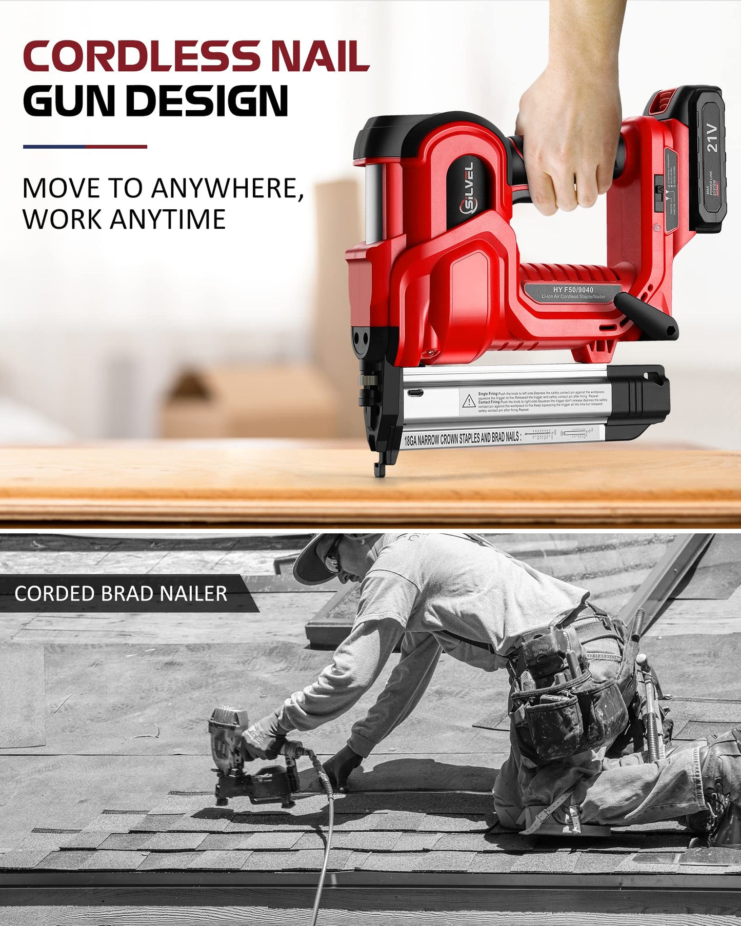 SILVEL 18 Gauge Cordless Brad Nailer, 2 in 1 Cordless Nail Gun/Electric Stapler, 2 * 21V Battery Powered Nail Gun, Fast Charging for Woodworking,Home Improvement - WoodArtSupply