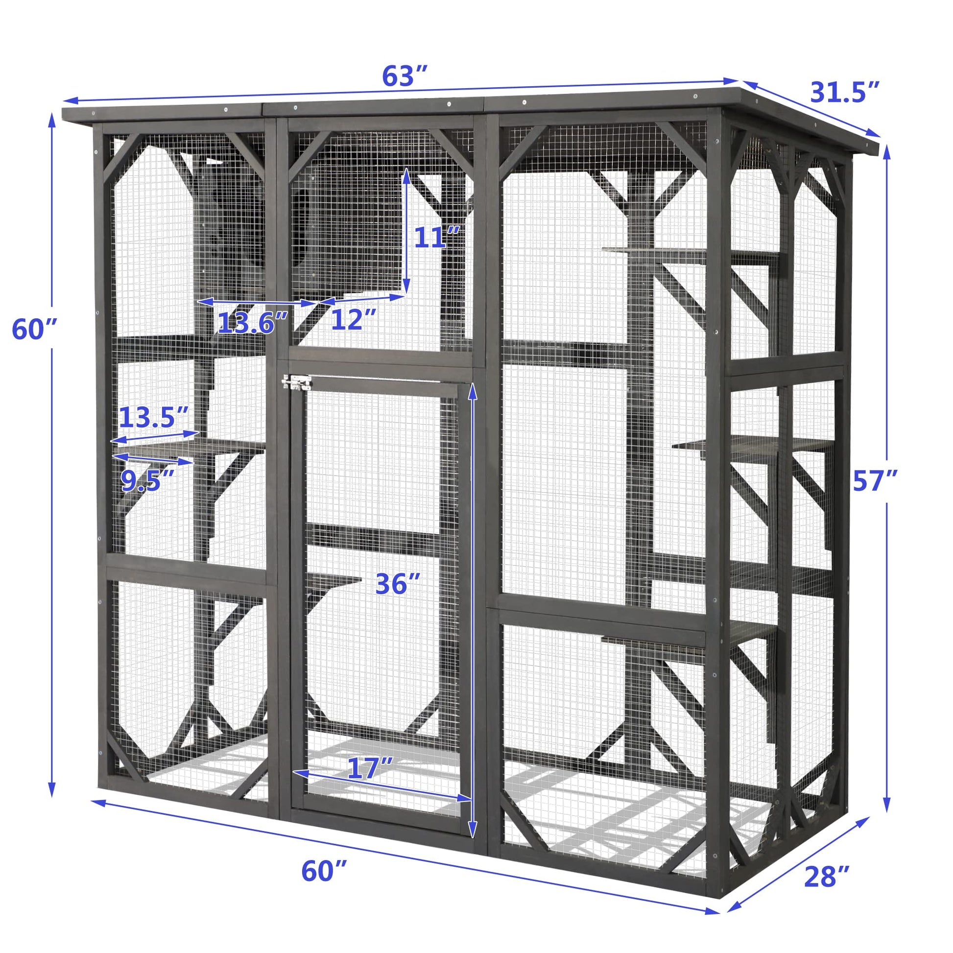 LEISU Large Outdoor Cat House Outdoor Wooden Cat Cage Cat Enclosure with Weatherproof Large Run, Jumping Platforms for Play Catio Cat Patio with Large Entrance Easy to Clean (Dark Grey) - WoodArtSupply