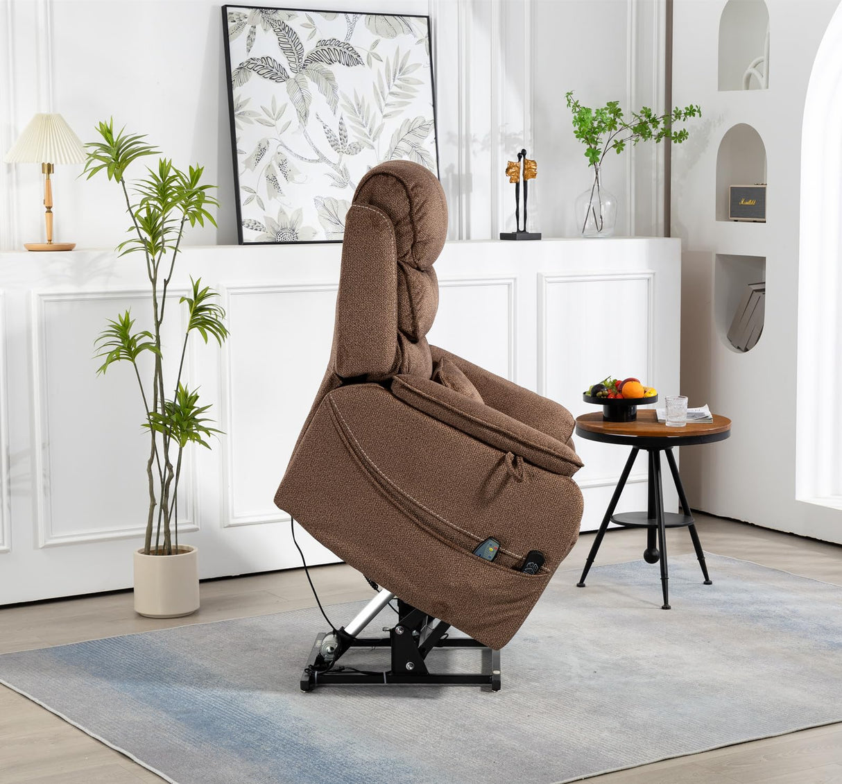 Brown Recliner Chair for Elderly | Tall and Big Man 400lbs | Chenille | Power Lift, Lay Flat, Stand Up, Wireless Charging Device, Extended Footrest, Massage Heat, Cup Holder, Lumbar Pillow LITVZ