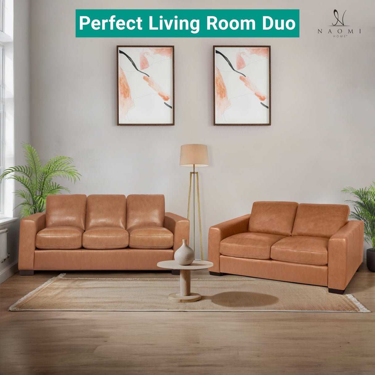 Naomi Home Freya Genuine Leather Sofa for Living Room, Bedroom - Loveseat, Sofa - Luxurious Comfort, Goose Feather Cushion Filling, Square Arm Design, Sturdy Block Legs, Elegant, Tan Naomi Home