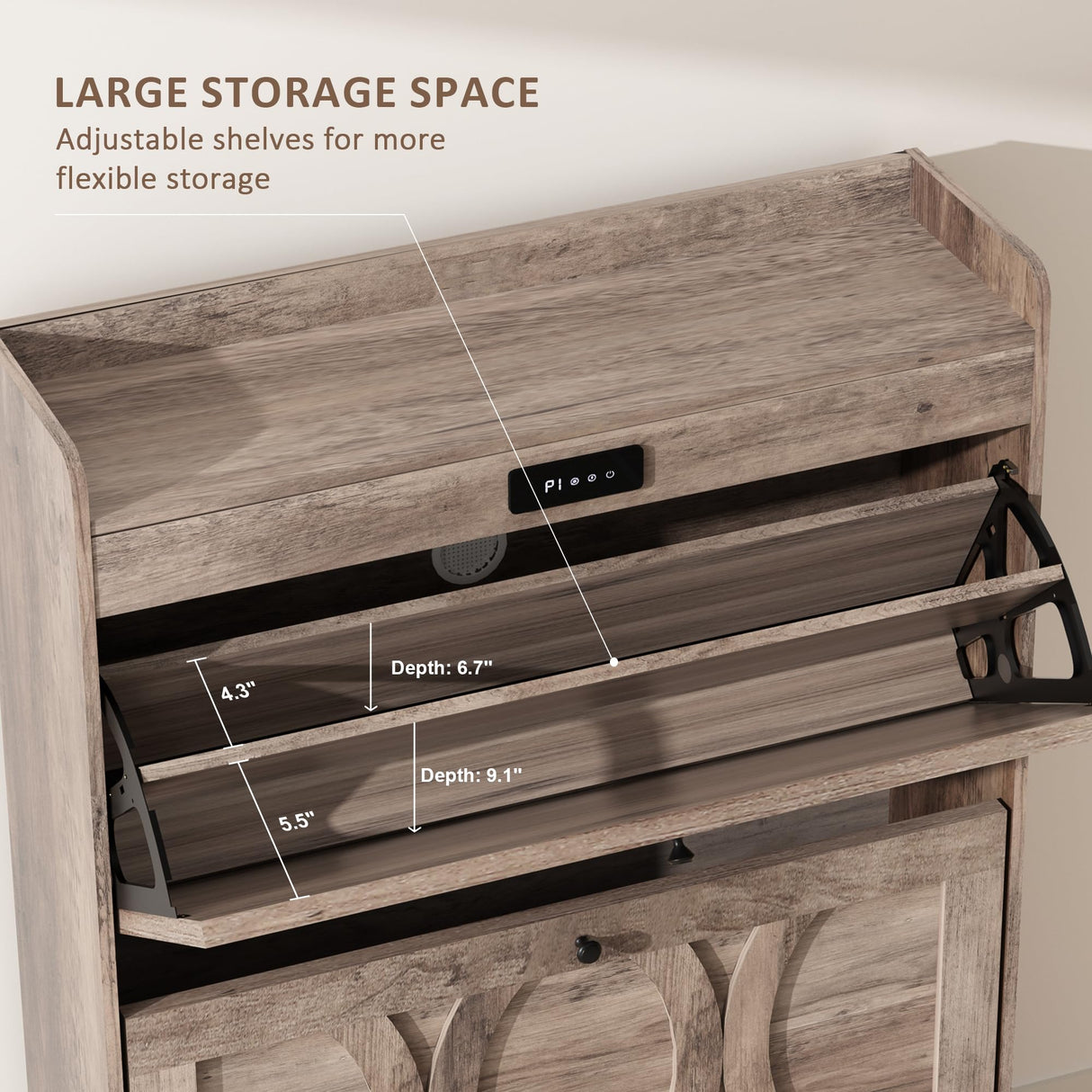 VFF Shoe Cabinet with 2 Flip Drawers, LED Touchscreen Shoe Storage Organizer with Wooden Legs, Narrow Freestanding Entryway Shoe Storage for Hallway and Bedroom (Rustic Brown) VFF