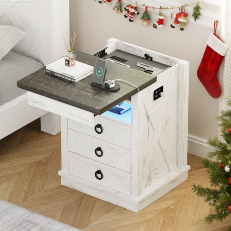 Lvifur Farmhouse Nightstand with Gun Drawer, Human Sensor LED Bedside Table with LED Lights & Charging Station, Rustic Wood Sofa Side End Table with 3 Drawers for Bedroom (Antique White) Lvifur