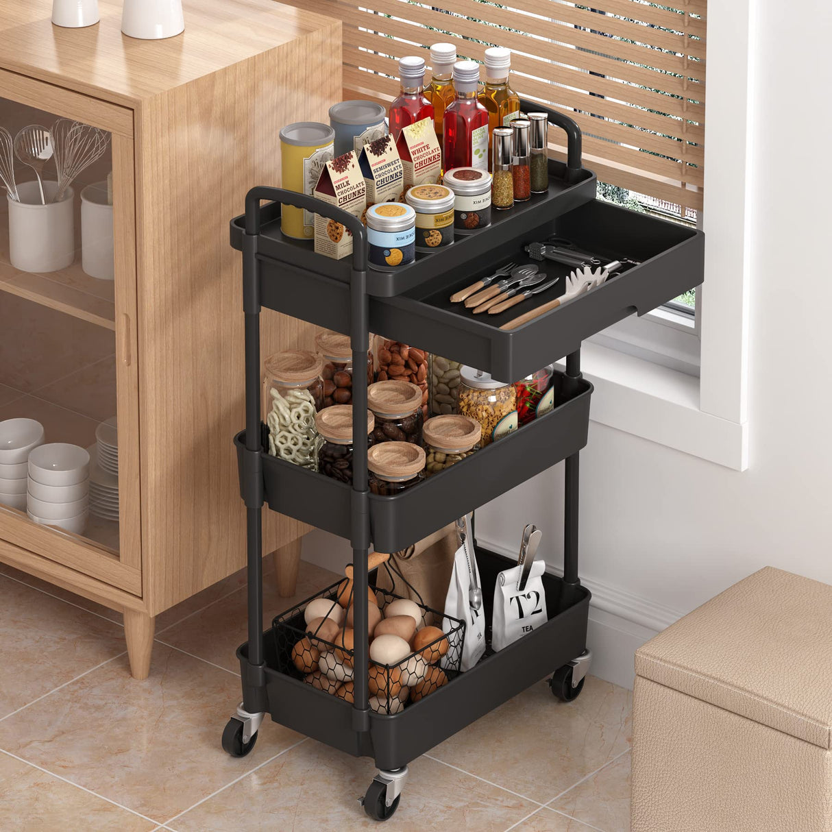 Dttwacoyh 3-Tier Rolling Cart，Trolley with Drawer, Multifunctional Storage Organizer with Plastic Shelf & Metal Wheels, Kitchen Storage Cart for Living Room, Kitchen, Office, Bathroom, Black Dttwacoyh