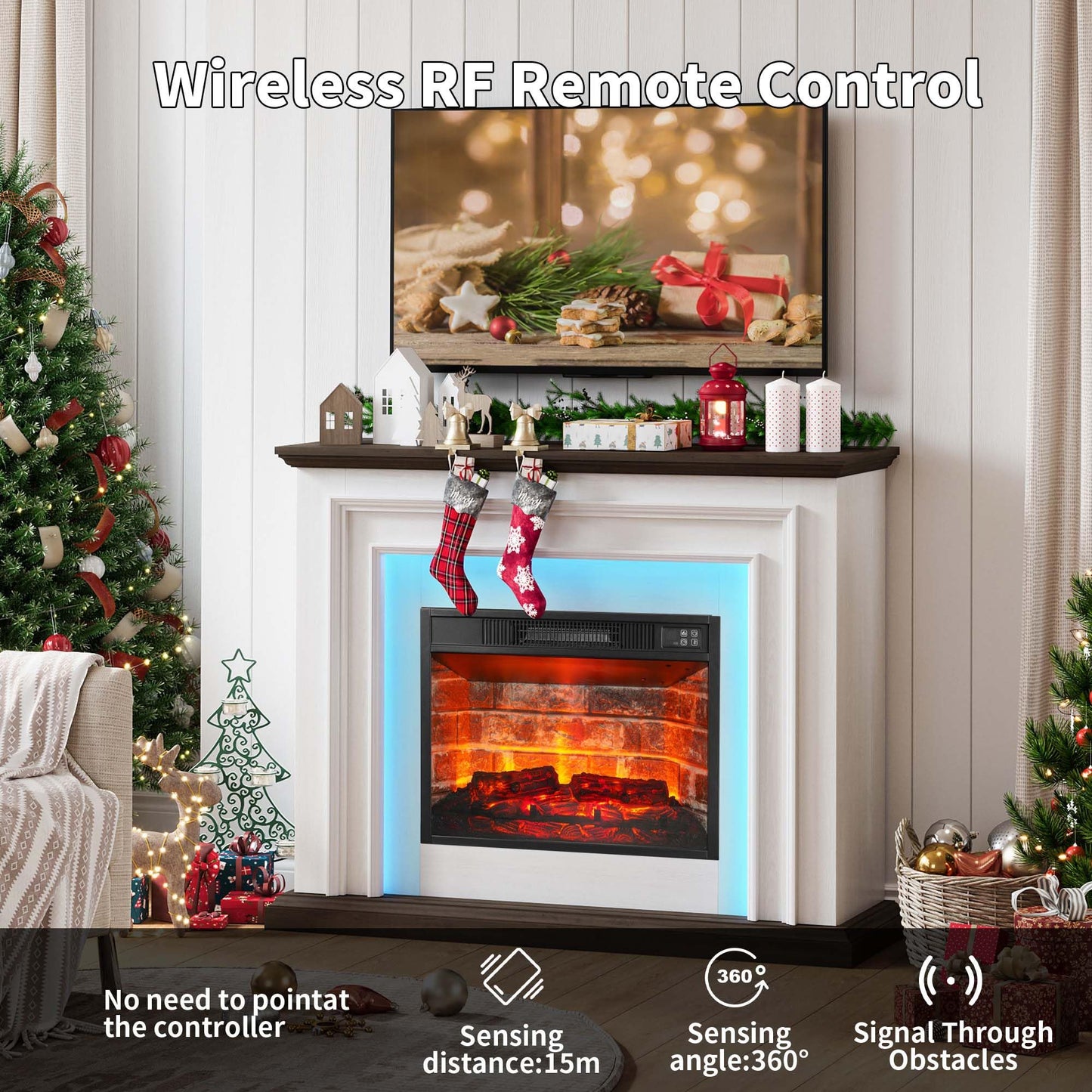 44" LED Electric Fireplace with Mantel, Fireplace TV Stand with 3-Dimensional Molding, White&Brown Entertainment Center with 23" Red Brick Fireplace Insert for Bedroom,Living Room