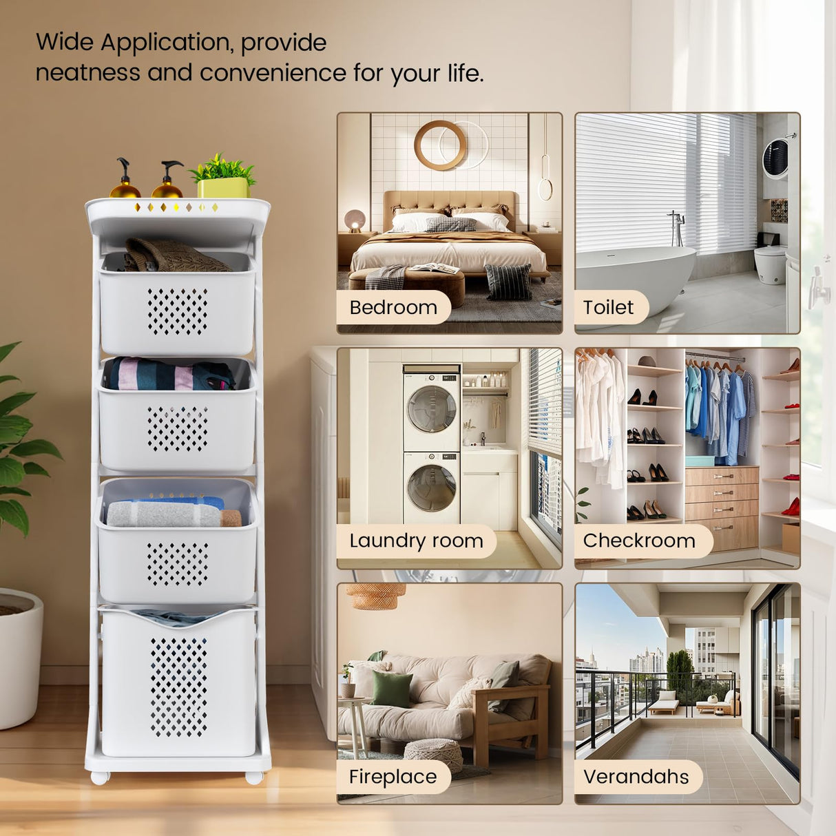 BAOKALER 4-Tier Laundry Hamper Sorter, Vertical Rolling Laundry Baskets with Wheels Removable, Stackable Laundry Cart Organizer and Storage for Small Space, Dorm, Closet, Bathroom BAOKALER