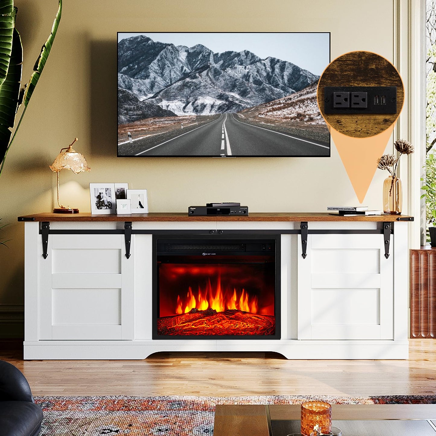 oneinmil Farmhouse Fireplace TV Stand with 18” Electric Fireplace, 58” TV Console Stand for TVs Up to 65", Entertainment Center, Fireplace for The Living Room TV Stand, Set of Shelf, White