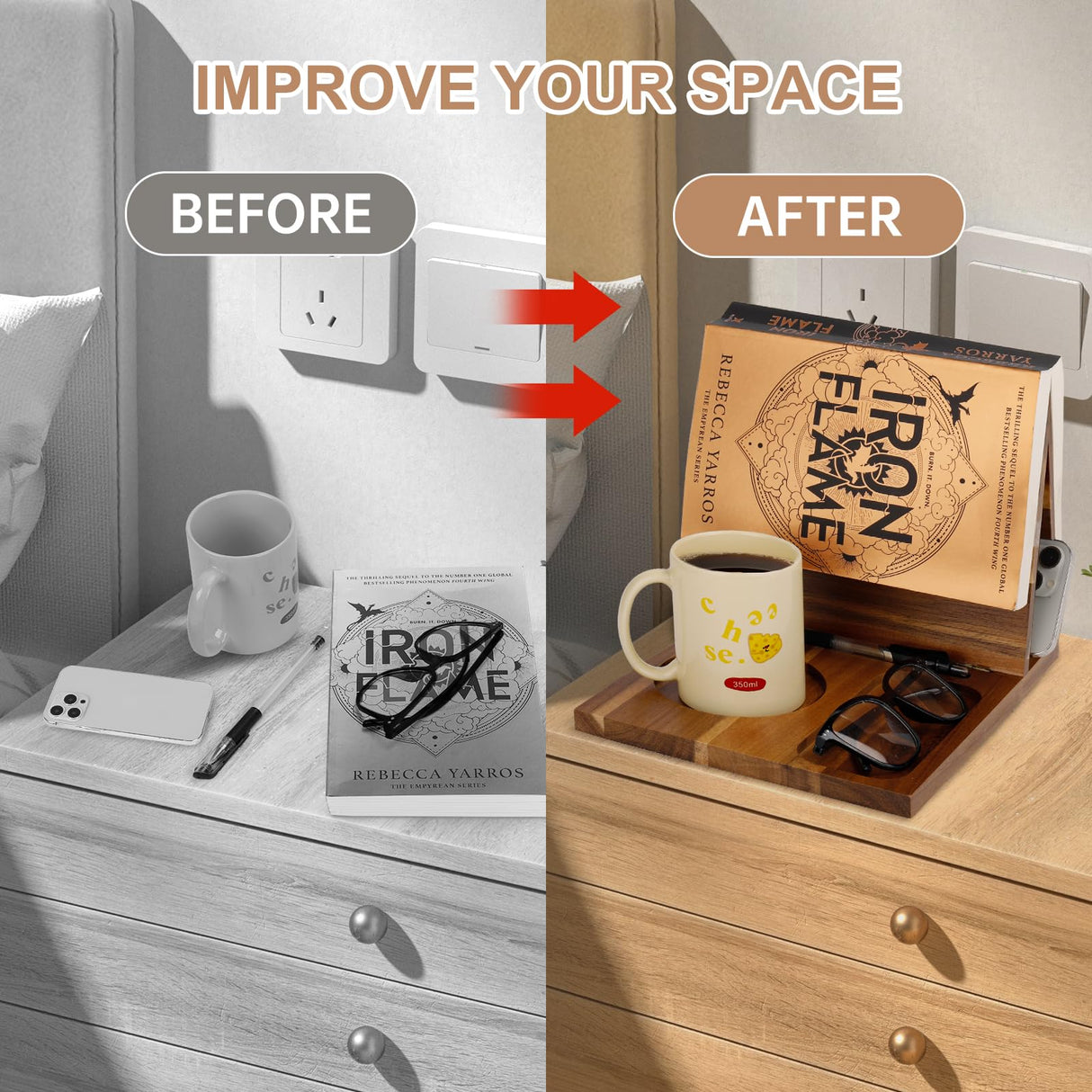 3HQ Wooden Book Stand for Reading Rest, Acacia Triangle Book Holder with Cup, Glasses, Pen & Phone Holder, Book Nook Reading Valet for Book Lover Gifts 3HQ