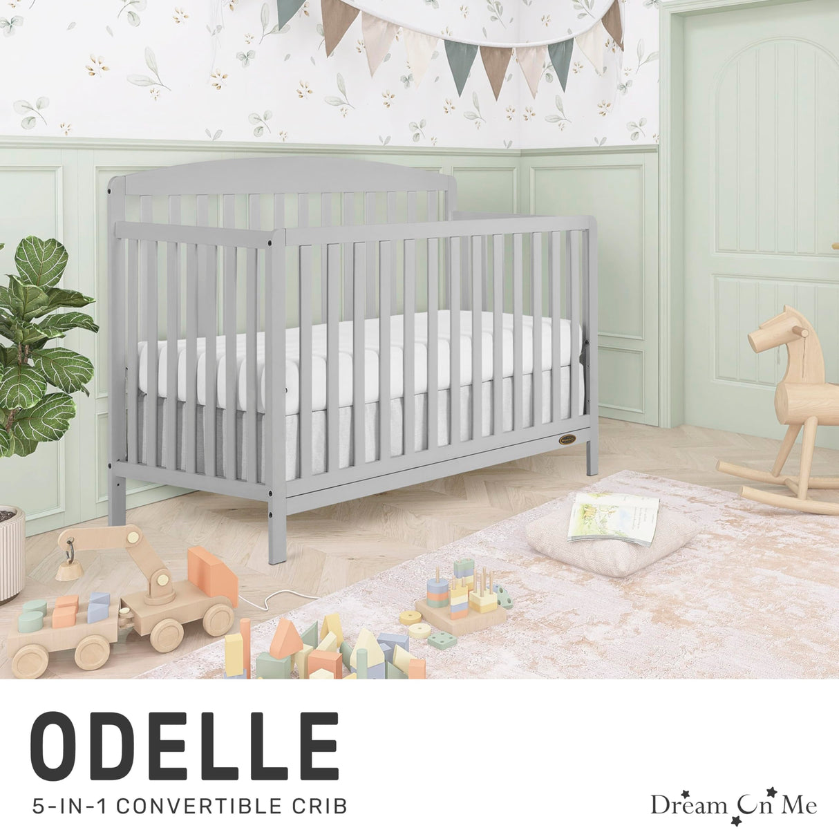 Dream On Me JPMA & Greenguard Gold Certified Odelle 5 in 1 Convertible Crib in Pebble Grey, Built of Sustainable Pinewood, 3 Mattress Height Settings, Non-Toxic Water-Based Paint Finish Dream On Me