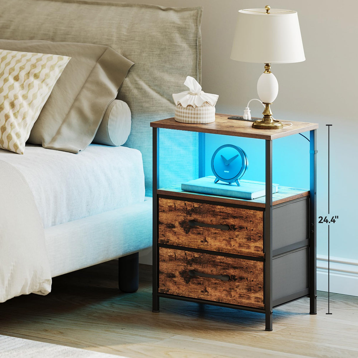 TRIFEBLE Nightstands Set of 2, Night Stand with Charging Station and Led Lights, Bedside Table with 2 Fabric Drawers for Bedroom, Small Side End Table with Open Shelf, Rustic Brown TRIFEBLE