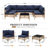 FHFO 7 Piece Outdoor Wicker Patio Furniture Set, Rattan Sectional Sofa Couch, Patio Conversation Set with Cushion & Coffee Table, for Backyard Poolside Porch Garden, Yellow/Blue FHFO