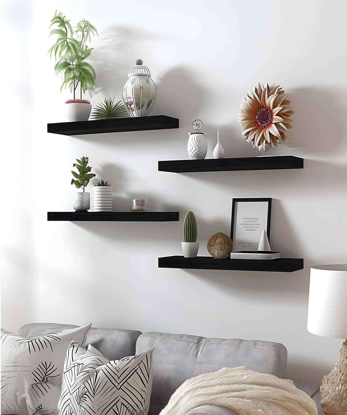 HXSWY Wood Floating Shelves for Wall, Wooden Wall Shelves for Bedroom, Wall Mounted Shelves for Living Room, Set of 6 Black HXSWY