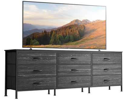 Huuger 9 Drawer Dresser, 63 Inch Dresser TV Stand for 55, 65, 70 Inch TV, Entertainment Center with Drawers, Large Long Fabric Dresser for Bedroom, Closet, Charcoal Black Wood Grain Print,8730D