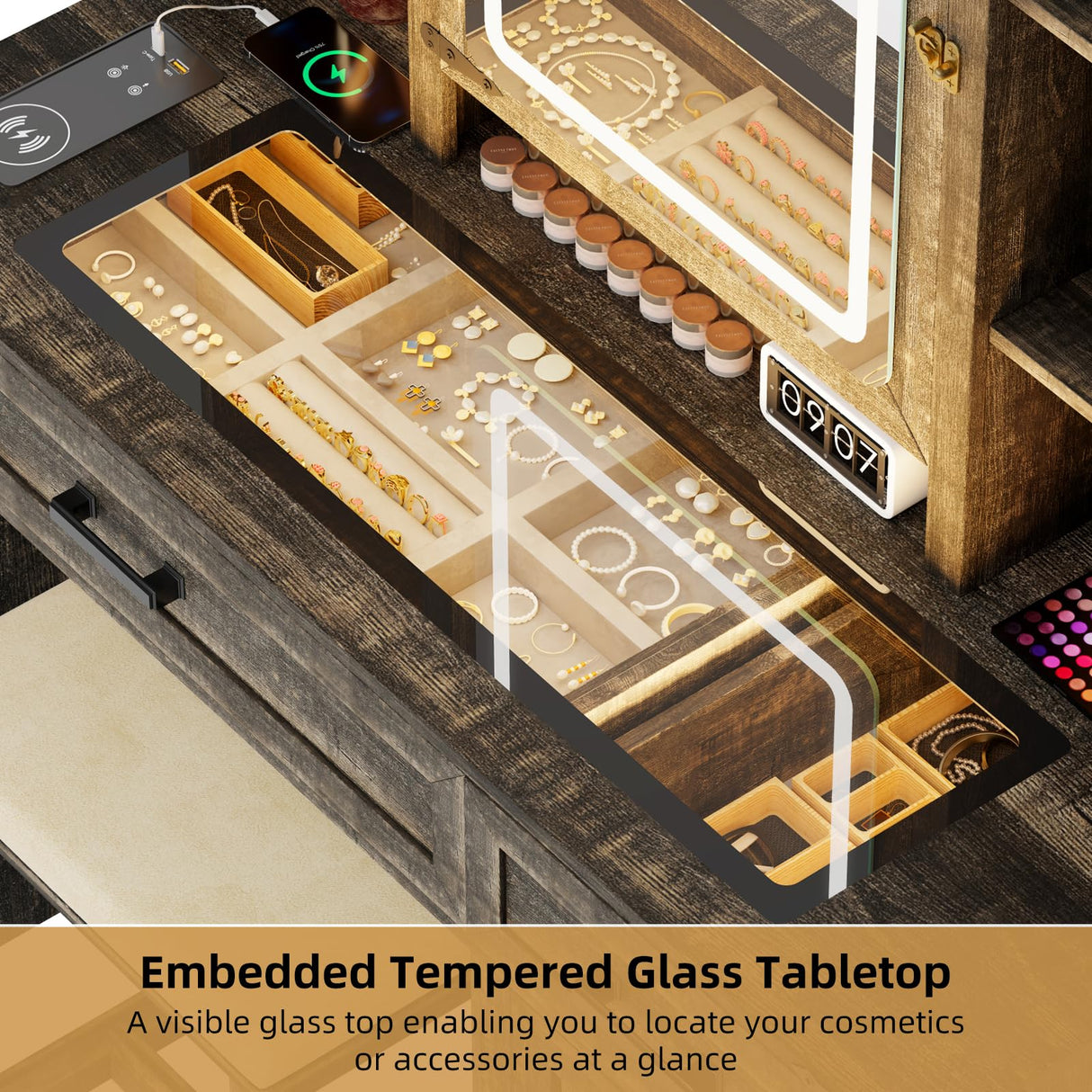 GlasFlength Farmhouse Makeup Vanity Desk with Mirror & Light, 40'' Glass Tabletop Vanity Table with 2 Drawers & Hidden Jewelry Cabinet, Rustic Big Vanity Charging Station Set, Stool Included, Bedroom GlasFlength