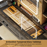 GlasFlength Farmhouse Makeup Vanity Desk with Mirror & Light, 40'' Glass Tabletop Vanity Table with 2 Drawers & Hidden Jewelry Cabinet, Rustic Big Vanity Charging Station Set, Stool Included, Bedroom GlasFlength