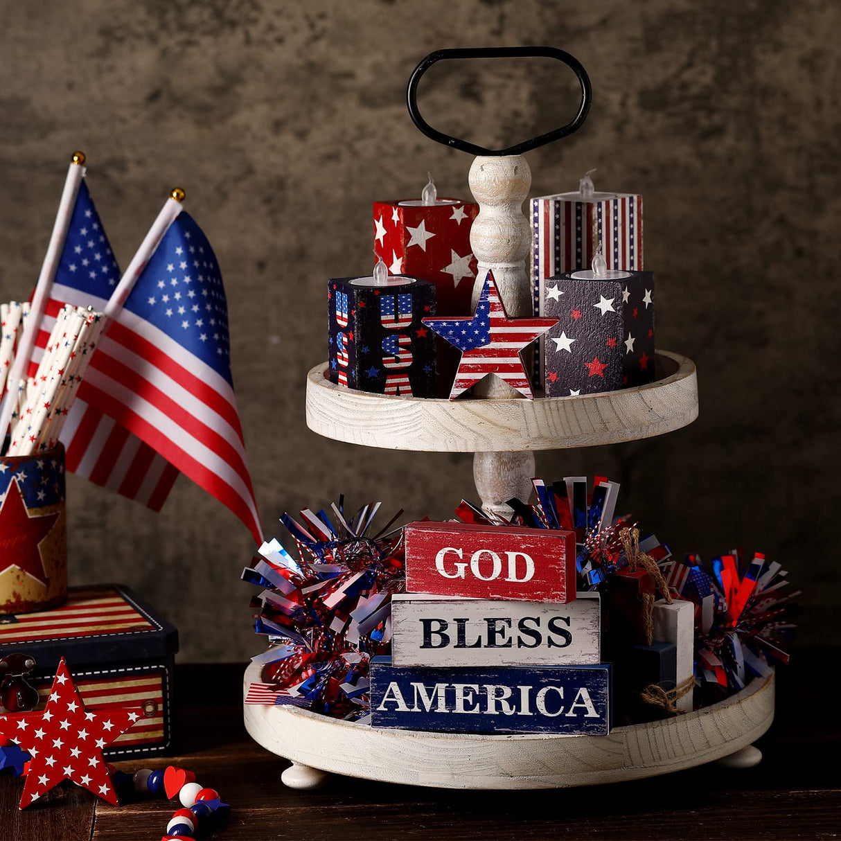 Huquary 4 Pcs Farmhouse 4th of July Patriotic Table Sign Independence Day Table Wood Decorations Patriotic Themed Rustic Farmhouse Wood Block Sign for Party Home Desk (Flag) Huquary