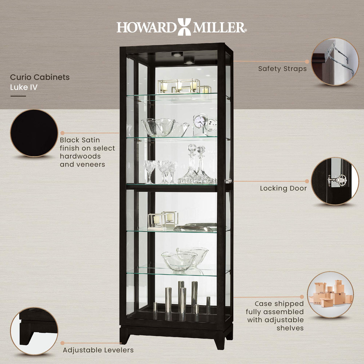 Howard Miller Luke IV Curio Cabinet - Heighted Showcase Black Finish Beveled Glass Door Adjustable Shelves Illuminated Interior Lightning Perfect for Living Room Office and Room Decor Howard Miller