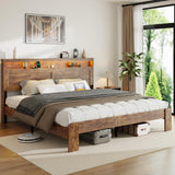 PAUKIN King Size Wooden Bed Frame with Headboard, Rustic Farmhouse Wooden Bedframe with LED Lights and Charging Station, Easy Assembly, No Box Spring Needed (Rustic Brown, King) PAUKIN
