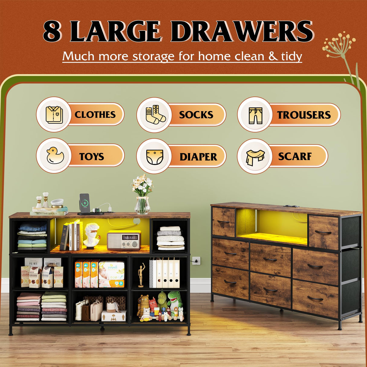 WLIVE Dresser for Bedroom, TV Stand for Bedroom for 55 inch TV with Charging Station and LED Lights, Fabric Chest of Drawers with Open Shelves, 8 Drawers Dressers for Living Room, Closet WLIVE