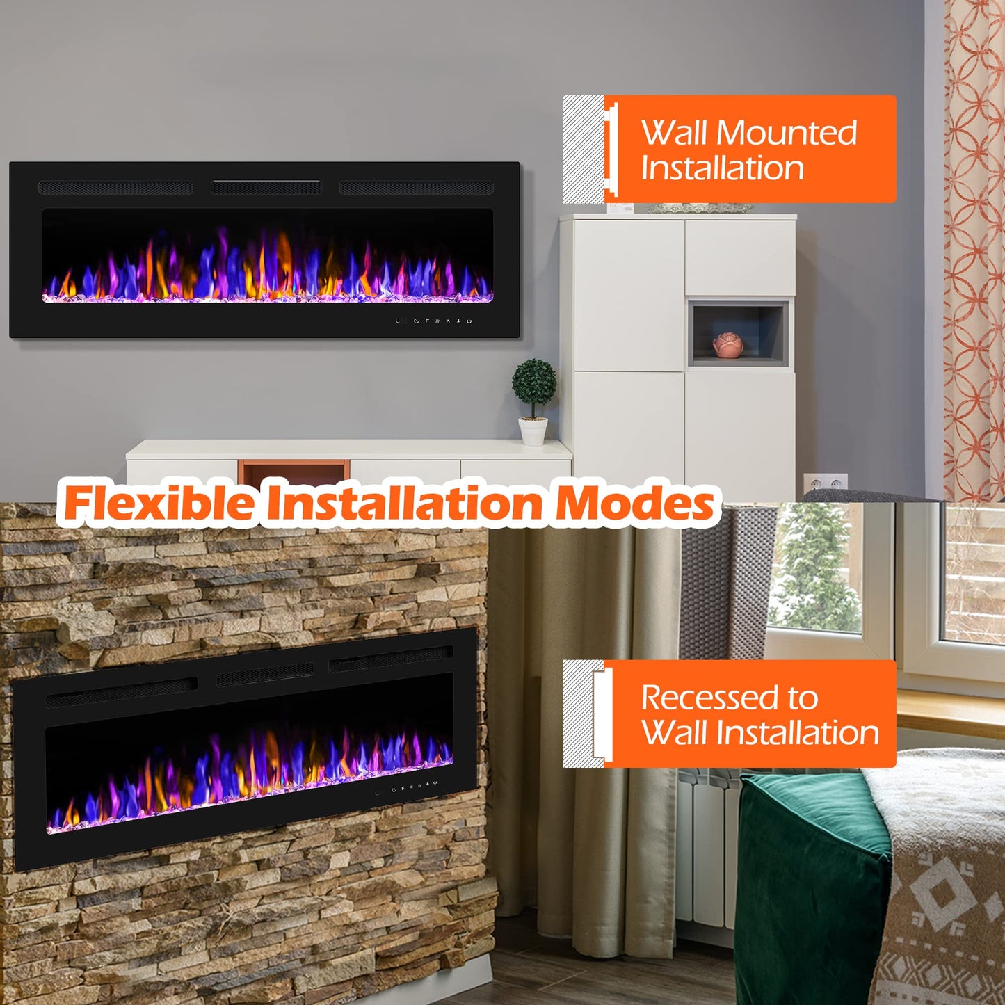 BETELNUT 50" Electric Fireplace Wall Mounted and Recessed with Remote Control, 750/1500W Ultra-Thin Wall Fireplace Heater W/Timer Adjustable Flame Color and Brightness, Log Set & Crystal Options