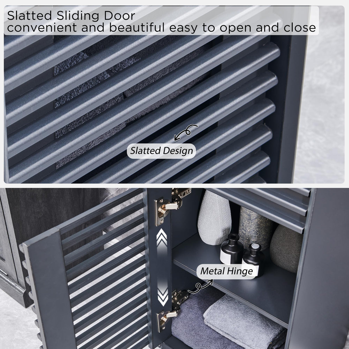 OKD 68" Tall Bathroom Storage Cabinet, Mid-Century Linen Tower with Drawer, Adjustable Shelf, Slatted Hinged Door, Curved Edges, Space-Saving Organizer for Bathroom, Kitchen, Living Room - Dark Grey OKD