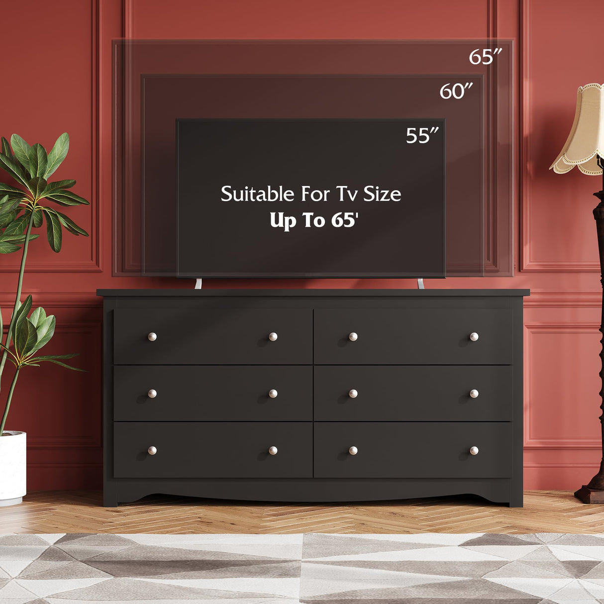 WLIVE Wood Black Dresser with 6 Drawer, Wide Chest of Drawers for Bedroom, Long Nightstand with Drawers, Modern Large Storage Tower Unit, Closet Store Organizer for Living Room WLIVE