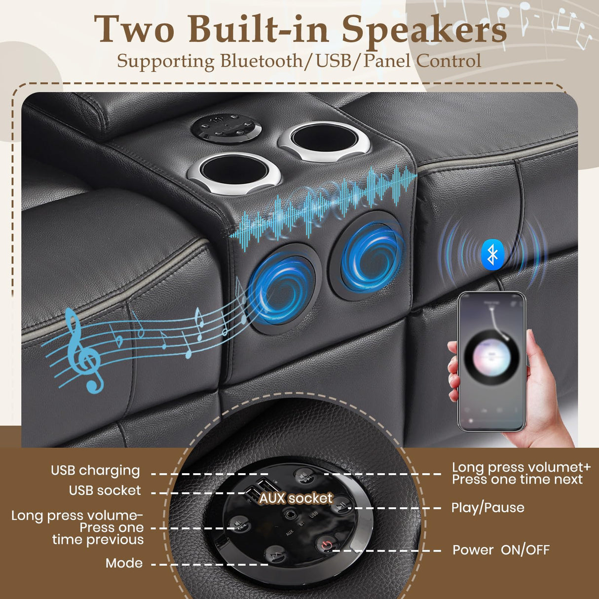 Neptane Power Reclining Loveseat with LED Reading Light/Bluetooth Speakers, Home Theater Seating Reclining Loveseeat with Console/Storage Drawer/Outlets, Power Loveseat Recliner Sofa (Black, Loveseat) Neptane