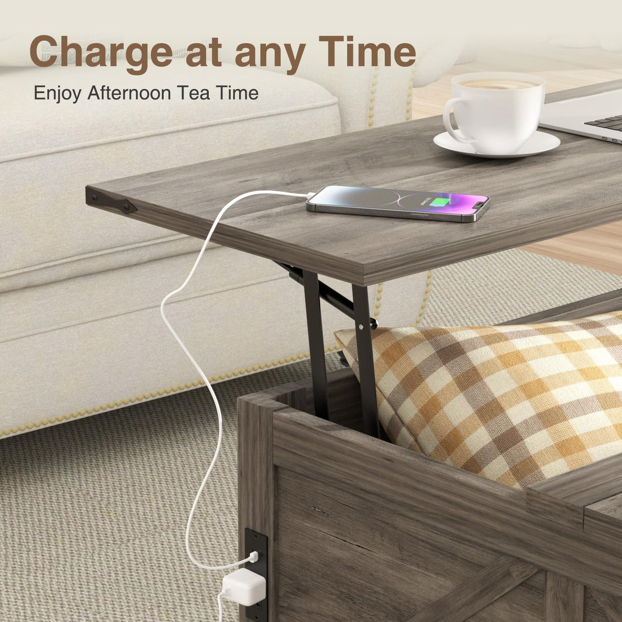 Vabches 31.5" Lift Top Coffee Table with Storage, Farmhouse Square Coffee Tables for Living Room, Center Table with Charging Station and Hidden Space, Grey Vabches