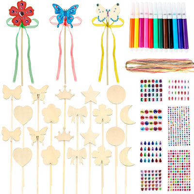 Kugliwa 59 Pcs Princess Fairy Wands Craft Kit DIY Wooden Fairy Wands Include 20 Unfinished Fairy Wands 7 Gem Stickers 20 Ribbons 12 Markers for Birthday Party Supply