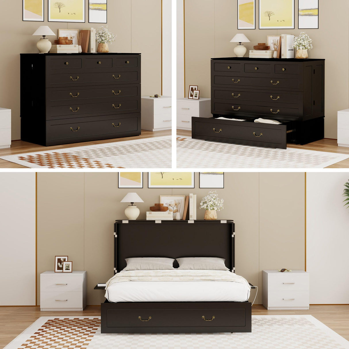 Tafeumob Murphy Bed Queen Size: Wood Murphy Bed Cabinet with Drawer Space-Saving with Golden Handle & Charging Station for Bedroom, Multipurpose Area, Guest Room, Apartment Black (Without Mattress) Tafeumob