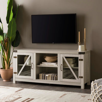 Walker Edison Wesley Modern Farmhouse Glass Door TV Stand for TVs up to 65 Inches, 58 Inch, Stone Grey, Without Fireplace