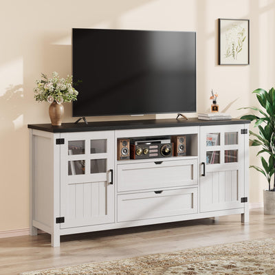 Vividwood Farmhouse TV Stand for 65 70 75 Inch TVs, Entertainment Center with Adjustable Shelves, 2 Barn Doors and Drawers, Storage Media Cabinet for Living Room or Bedroom-White