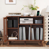 Furnify Record Player Stand with Charging Station, Mid-Century Turntable Stand with Slatted Doors, 40" W Record Player Table Holds Up to 350 Albums Vinyl Storage Display Shelf for Living Room, Walnut Furnify