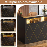 PAKASEPT Reception Desk with LED Lights, L-Shaped Modern Front Desk with Glass Display Shelf, Reception Counter Table for Lobbies, Salons, Retail, Home Offices (Black) PAKASEPT