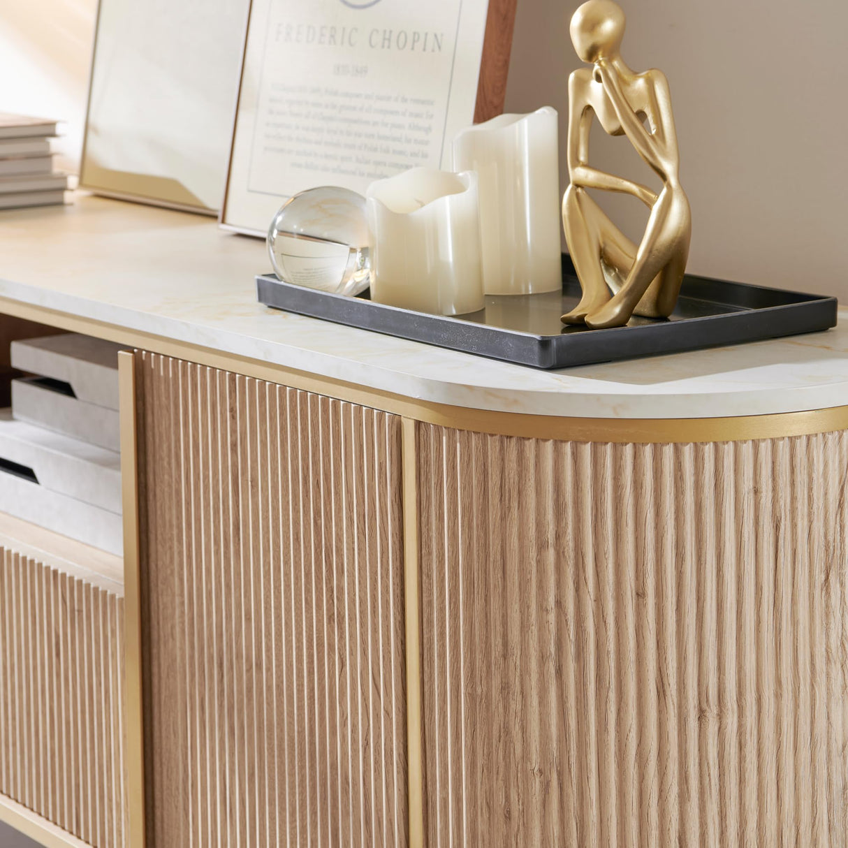 OKD Luxury 70" Fluted TV Stand, Modern Entertainment Center for TVs Up to 80 inches, TV Console with Faux Marble Top, Curved Profile Design, Media Console for Living Room, Natural Oak OKD