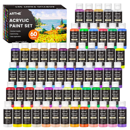 Artme Acrylic Paint Set, 60 Colors in 2oz/60ml Bottles, Non Toxic, Waterproof, Rich Pigments Acrylic Paint for Artists, Students, Beginners Painting on Rocks Canvas Wood Clay Fabric Ceramic C - WoodArtSupply