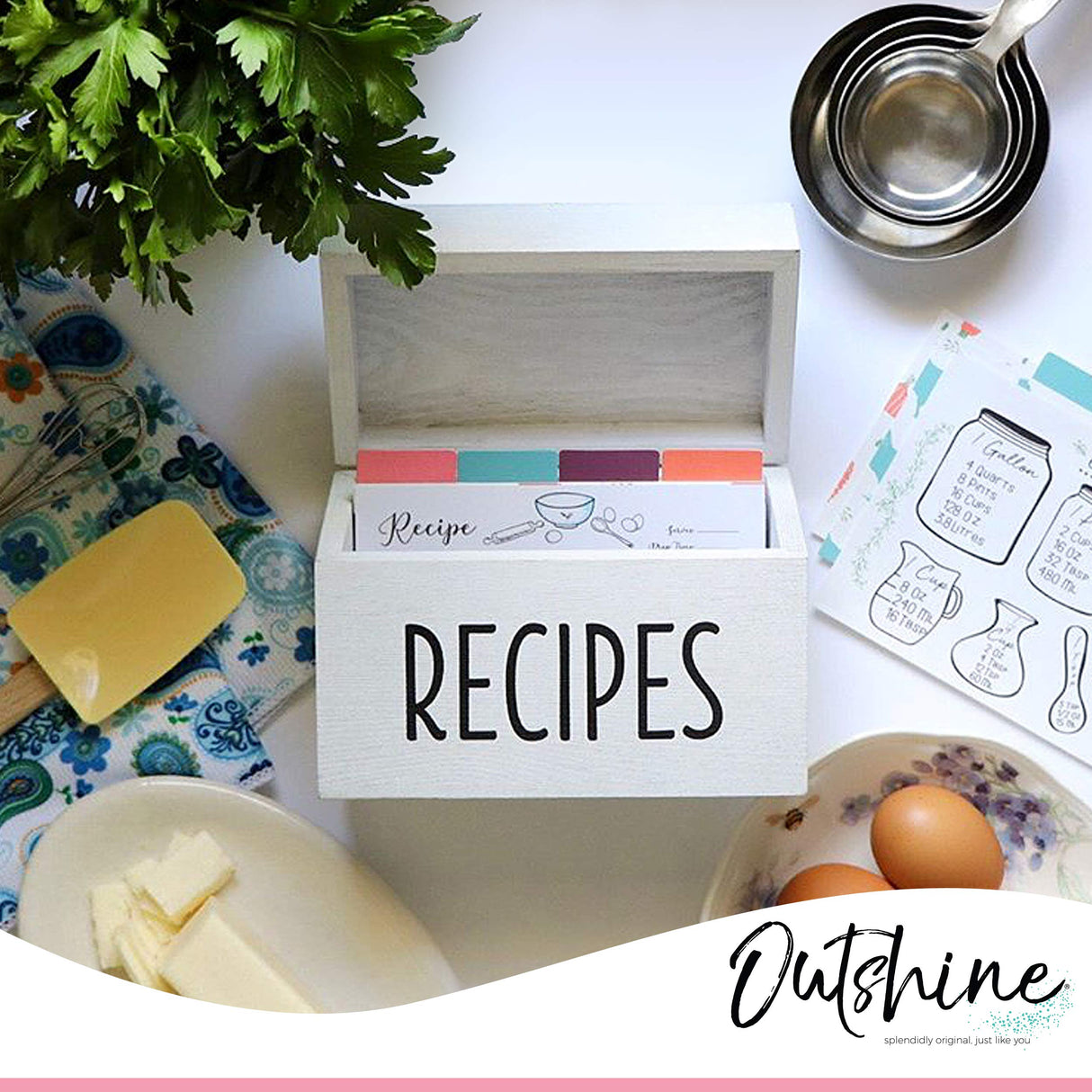 OUTSHINE White Wooden Large Recipe Box with Cards and Dividers | Farmhouse Wood Recipe Box 4x6 Recipe Cards and Box Set | Recipe Box Dividers|White recipe box personalized| Recipe box set OUTSHINE
